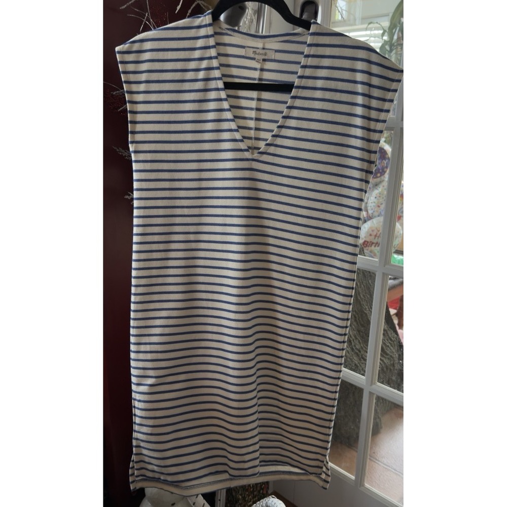 Madewell Striped Dress‎ Blue Cream Shift Mini Dress Size Medium  V-Neck Vacation